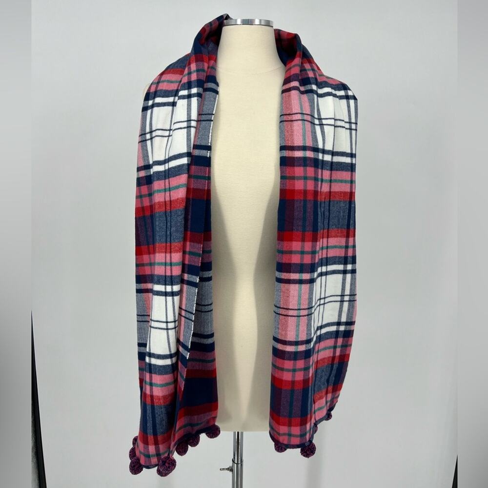 Louisa Perini Plaid Scarf with Pom Poms